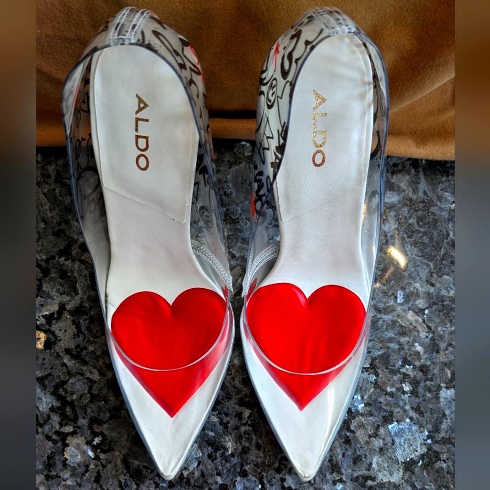 ALDO Women's Clear Heels with Red Heart Accent